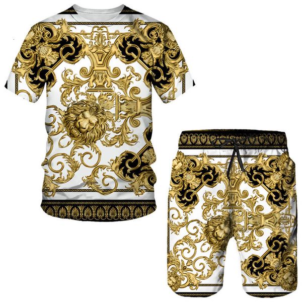 TRABALHOS MENINOS TRABALHO DE VERÃO DOURO DO GOLDEN LION PADRÃO DE ESTÁTIA DE IMPRESSÃO 3D T-SHIRT/SHORTS/Set Set estilo barroco de manga curta Treno Hip Hop Street Roupas Conjunto de roupas 230425