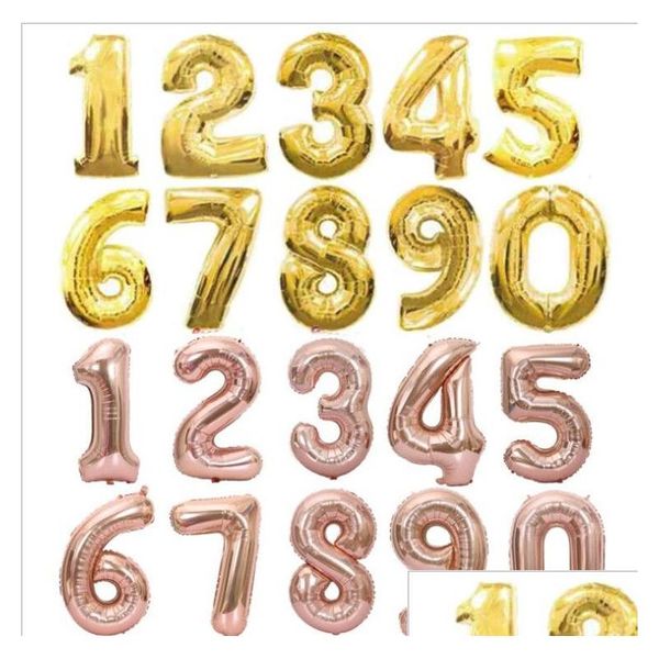 Decorazione per feste 32 pollici Oro Sier Numero Foil Balloons Decorazioni di compleanno Rose Wedding Balloon Decor Forniture Consegna a domicilio Dhpe5