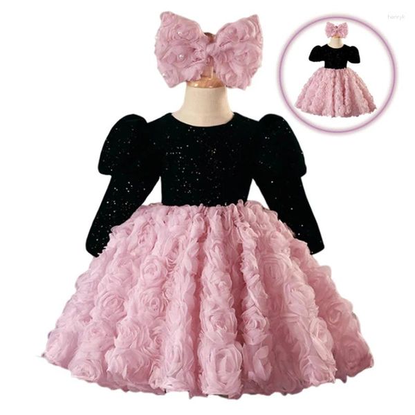 Платья для девочек Зимнее женское розовое, черное кружевное вечернее платье длиной до колена с цветочным принтом для церемоний рождения, свадебное бальное платье принцессы, размер 1-14