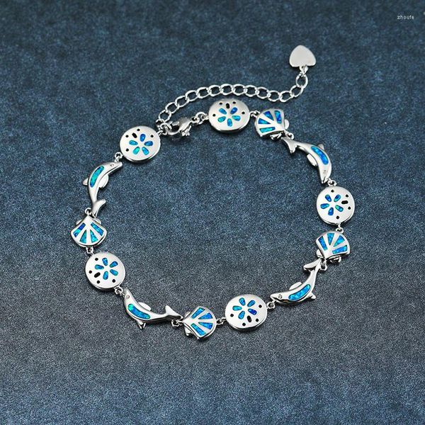 Charm Bracelets Cute Shell Dolphin Flower Armband Female Luxury Blue Opal Silver Color Chain For Women Wedding Jewelry