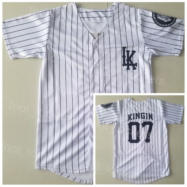 Moive Baseball Jersey 07 KINGIN LK Uniform Film Cooperstown College Vintage Pullover Team Farbe Weiß Nadelstreifen Coole Basis Reine Baumwolle Universität Retro Genäht