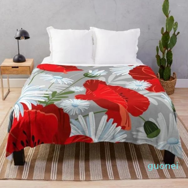 Cobertores Red Poppies Padrão Flanela Quente Designer Boho Throw Blanket