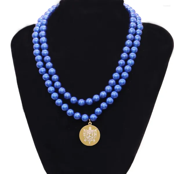 Halsband, Mode, Partykleidung, Geschenke, individuell, zweilagig, klobige blaue Perlen-Halsketten mit griechischen Buchstaben 1922, Sorority Sigma Gamma Rho Shield Halsketten