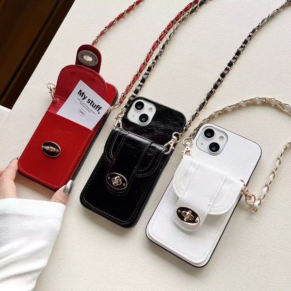 Capas de telefone de couro de luxo para iPhone 15 14 Pro Max 13 Plus 15Plus Titular do cartão Carteira brilhante Bolsa Shell com alça de ombro Long Chain