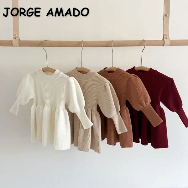 Vestidos de meninas estilo coreano outono inverno bebê menina vestido de malha cor sólida oneck puff manga longa pulôver crianças roupas e22305 231124