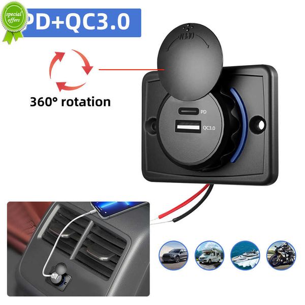 36W QC3.0 + PD Doppia porta USB Caricatore per auto RV Caricabatterie rapido Adattatore presa di corrente impermeabile per la maggior parte dei veicoli 12V/24V