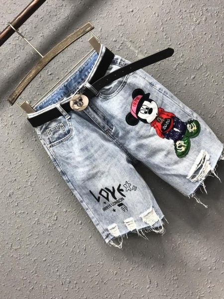 Damen Shorts Sommer Gürtel Zubehör Knielange Jeans Hohe Taille All-Matching Straight Pants Fashion Cartoon Pattern Short Women