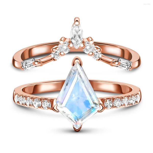 Cluster-Ringe aus hochwertigem 925er Sterlingsilber mit facettiertem Drachenschliff, 7 x 10 mm, natürliche blaue Mondstein-Ring-Sets für Frauen, Geschenk