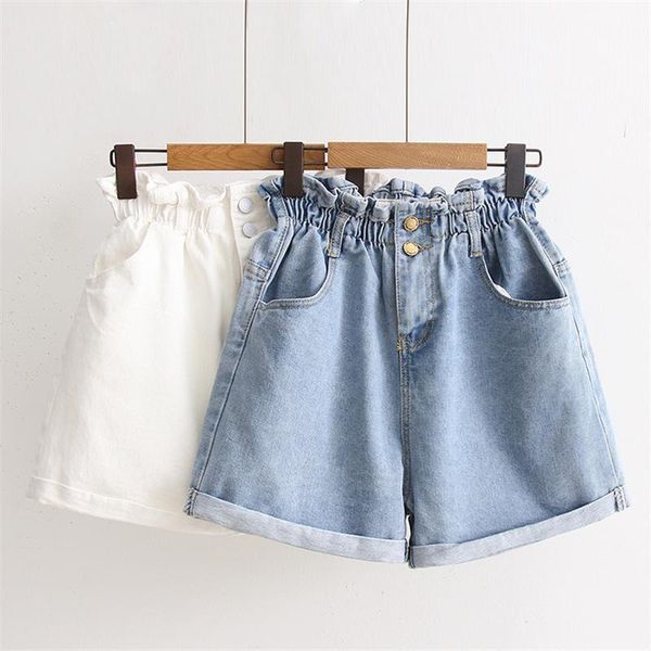 Shorts femininos de verão alta cintura jeans shorts femininos casuais folhas soltas moda rolo up bainha cintura elástica bolso de jeans azul fêmea 230425