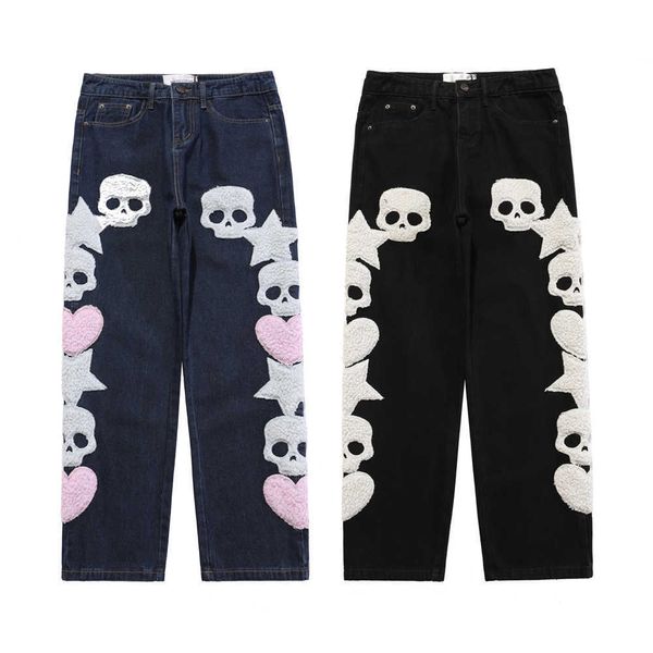 Herren Jeans Herren Jeans Furry Skull Letter Star Patches Denim Hosen Winter Frühling High Street Punk Goth Gothic Jeans Damen Hosen Paar Z230731