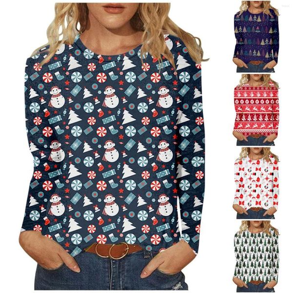 Camicette da donna Camicia con stampa pupazzo di neve natalizia Pullover con scollo a V Camicie Harajuku da donna Top casual Femme Taglie forti