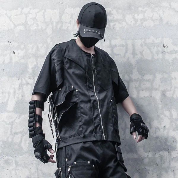 Coletes masculinos lado multi zíperes hip hop tático carga colete techwear punk sem mangas jaqueta para homens ao ar livre casual esporte colete