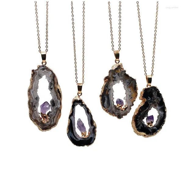 Ожерелья с подвесками из натурального жеода, необработанный камень для женщин с аметистом, нерегулярный бразильский агат, рейки, лечебные украшения