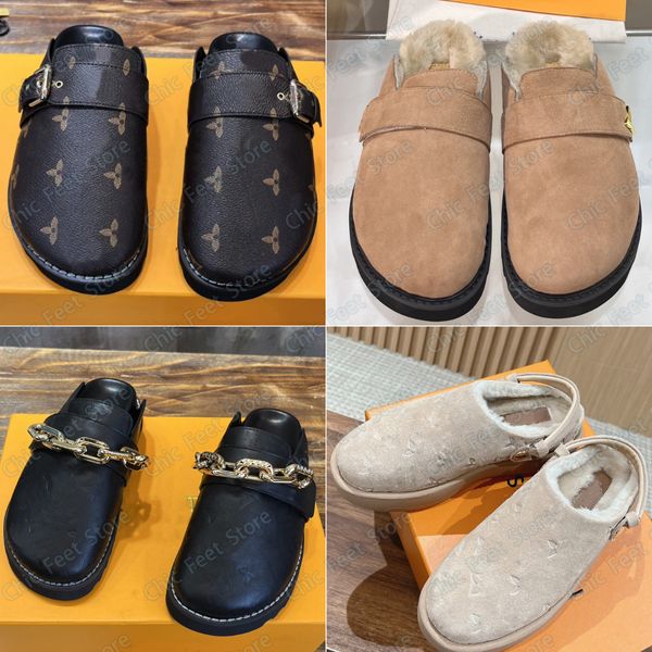 Gemütliche Clog-Schuhe, Designer-Komfort-Pantoletten-Sandalen für Damen und Herren, flache Pelz-Leder-Mule-Hausschuhe, modische Winter-warme Plüsch-Slipper, verstellbarer Riemen