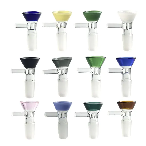 14mm 18mm männliche Glasschale für Bong dicke bunte Pyrexglas-Wasserpfeifen mit grün-blau-pink-schwarzem Seitengriff Bongs Rauchwasserschalen