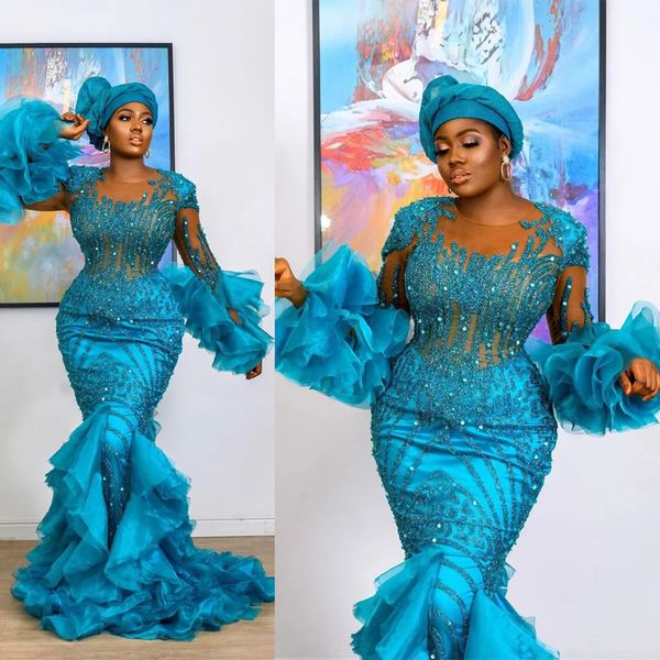 2023 Aso Ebi sirena blu abiti da ballo Luxuriou maniche lunghe tulle in rilievo sirena da sera festa di compleanno abiti da seconda accoglienza abito africano abito di fidanzamento ST284