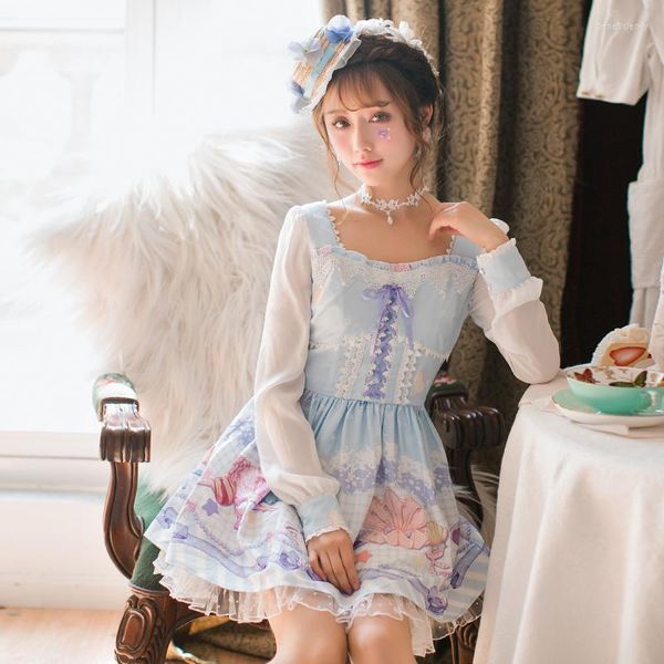 Abiti casual Principessa Sweet Lolita Dress Candy Rain Summer giapponese a maniche lunghe con fiocco in chiffon stampato C22AB7042