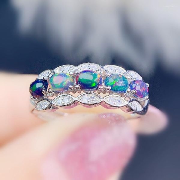 Cluster Ringe Natürlicher Echter Schwarzer Opal Luxusring 925 Sterling Silber Feiner Schmuck für Männer oder Frauen