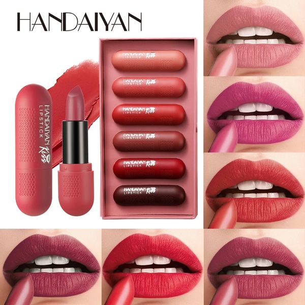 HANDAIYAN 6Pcs Mousse Matte Lippenstift Set Lip Gloss Rot Samt Nude Make-Up Frauen Langlebig Wasserdicht Schönheit Kosmetik