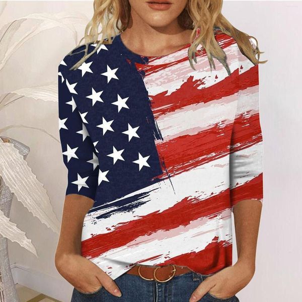 Magliette da donna 2023 Primavera Donna 4 luglio Decorazioni patriottiche Bandiera americana Giorno dell'indipendenza Sciolto a righe O-Collo Tre quarti