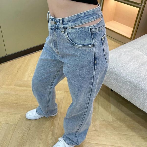 Jeans da donna Primavera/Estate 2023 Pantaloni con spazzolone a gamba dritta con stampa rosa Le ragazze coreane alla moda sembrano più snelle