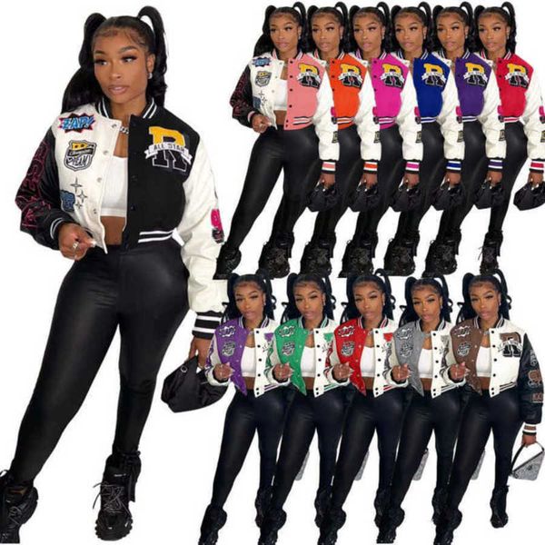 Women Letter Stampato a doppio filo da baseball Giacca da baseball Varyty Coat Desinger 2023 Pulsante patchwork ritagliato Letterman Jackets 11 Colori