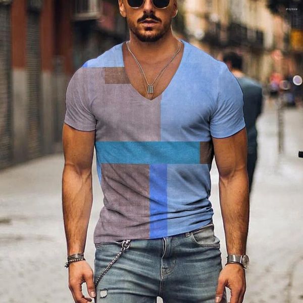 Camiseta masculina bloco de cores t-shirts listrado 3d impresso moda vintage oversized manga curta com decote em v camisa homem masculino camisetas topos roupas