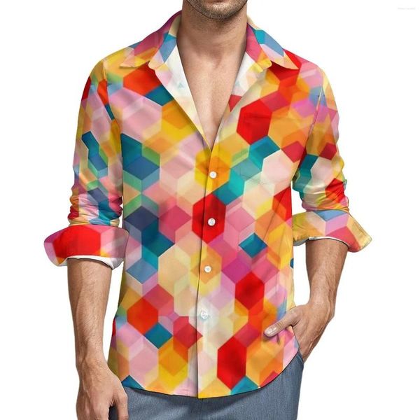 Camisas casuais masculinas colméias coloridas homens favos de mel camisa de manga comprida solta y2k blusas outono padrão top plus size