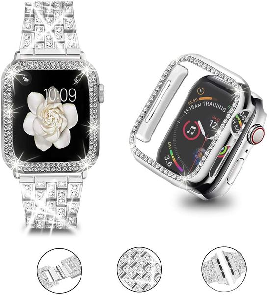 Cinturini per orologi in metallo di lusso con diamanti per cinturini per Apple Watch 49mm 45mm 38mm 40mm 42mm 44mm Donna Bling Slim Glitter iwatch Series Ultra 8 7 6 5 4 3 SE con custodia per telefono bling