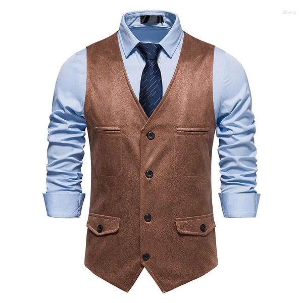 Coletes masculinos # 4867 Colete de camurça Homens Outerwear V-Pescoço Vintage Slim Fit Único Breasted Bolsos Masculinos Colete de Escritório Homem