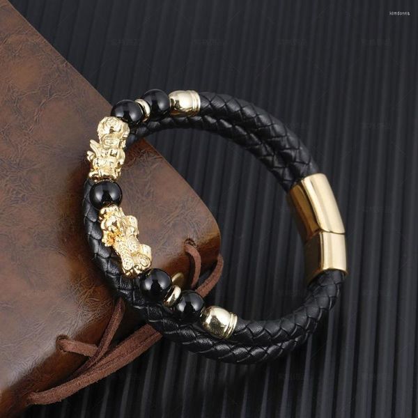 Armreif Schmuck Einfaches und kreatives schwarzes mehrschichtiges echtes Lederarmband für Männer Magnetverschluss Knopf Vintage Braid