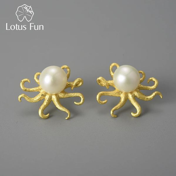 Stud Lotus Fun Creative Octopus Orecchini con perle naturali per le donne Vero argento sterling 925 Dichiarazione originale Gioielleria raffinata di lusso 231124