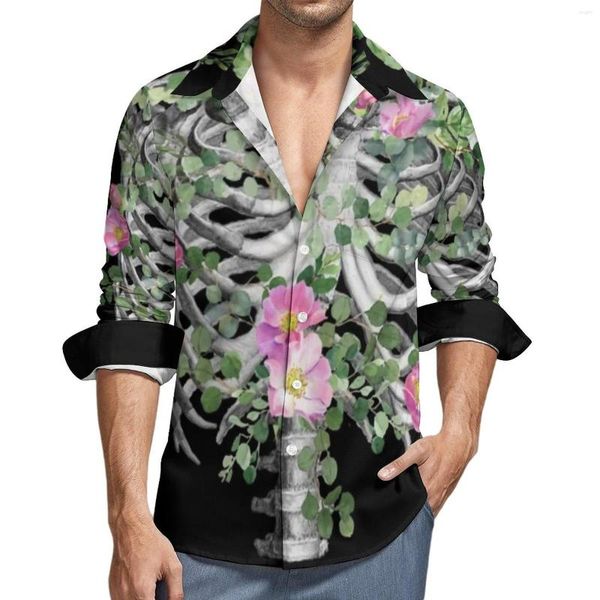 Herren Freizeithemden Skeleton Pink Roses Shirt Herren Anatomie Brustkorb Blumen Druck Herbst Y2K Grafik Blusen Retro übergroße Kleidung