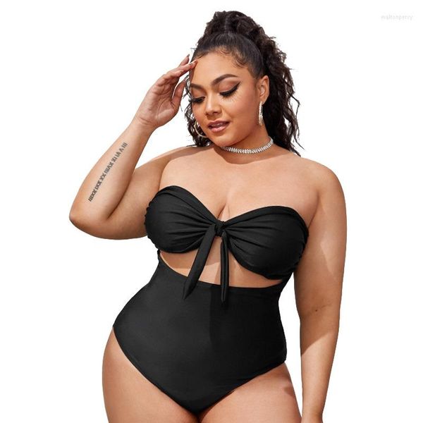 Roupas de banho feminina de uma peça de natação 2023, designer de tamanho grande sexy, traje de banho preto Mulheres grandes natação para