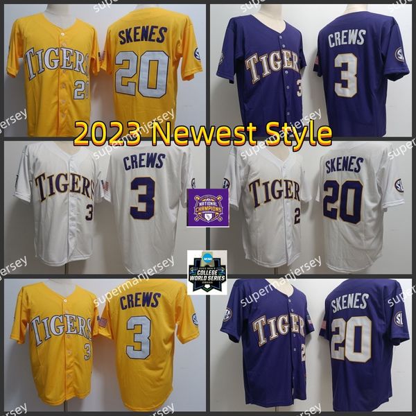NCAA LSU Tigers Baseball Jersey 2023 Новейший стиль 20 Пол Скен 3 Dylan Crews 2023 Национальные чемпионы MCWS MCWS