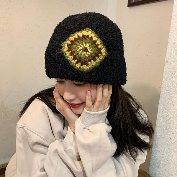 Berretti Beanie/Skull Caps Cappello lavorato a maglia fiore giapponese retrò per uomo e donna Autunno Inverno Versione coreana di Ins Warm Beanie con cappuccio