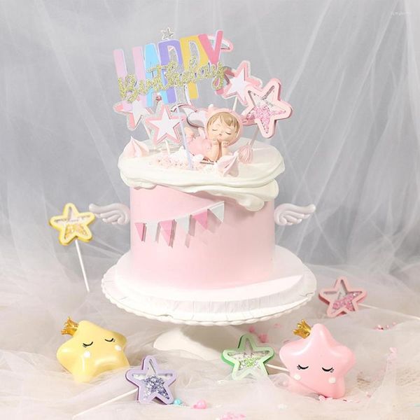 Праздничные поставки 1pcs Градиент цветных тортов Toppers Princess Girl свадьба с днем ​​рождения декор десерт буквы. Флаг 2023