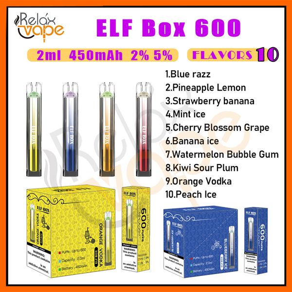 Original Elf Box 600 Puff E-Zigaretten, 2 ml, vorgefüllter Pod, 450 mAh-Akku, 10 Geschmacksrichtungen, Einweg-Vape-Pen-Puffs, 1 kOhm, Mesh-Spule, 2 % 5 % Level, Vapesolo-Kits, Gerätevorrat