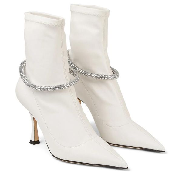 24 Botas femininas de cano curto LEROY de luxo com bico fino e salto alto com enfeite de cristal, vestido de casamento feminino de marca luxuosa