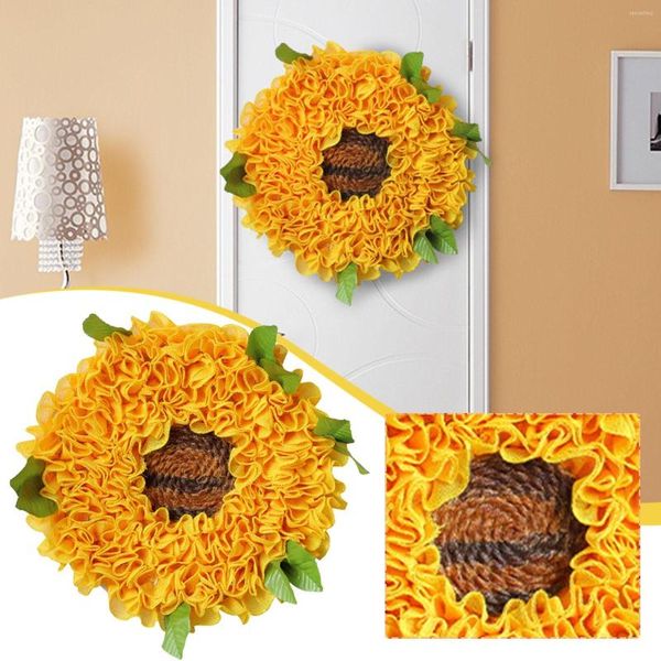 Flores decorativas de girassol artificial grinaldas de verão florida com folhas amarelas e verdes para a porta da frente L6