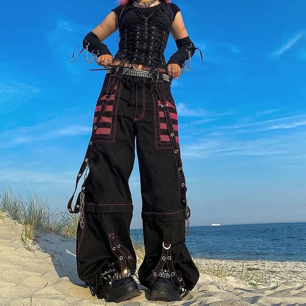 Capris Gothic Punk Chain Bandage pantaloni a gamba larga Pantaloni larghi da donna larghi oversize oversize a bassa ascesa y2k pantaloni accademici streetwear in stile egirl