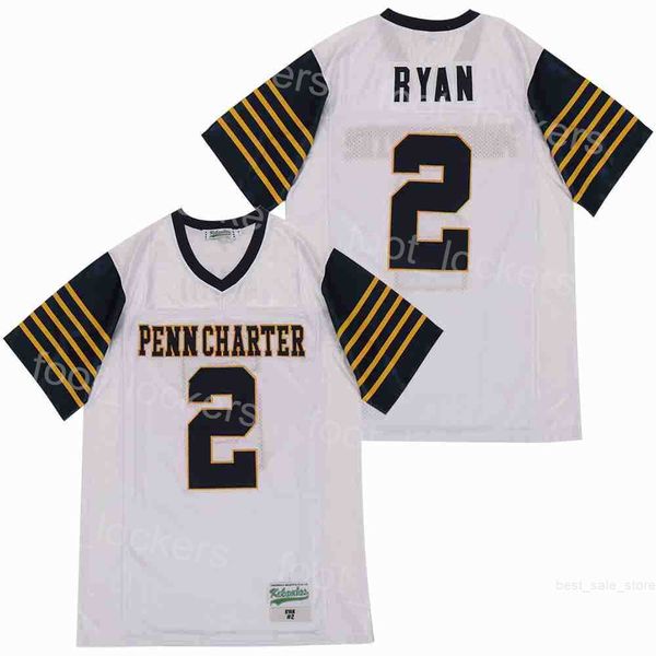 2 Matt Ryan High School Jerseys Football William Penn Charter College respirável Pure Cotton Moive Pullover Borderyer e costura da equipe de hiphop White Uniform