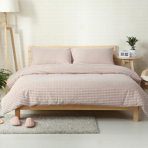 Bettwäsche-Sets, 4-teilig, gewaschene Baumwolle, Vintage-Stil, rosa Karos, Bettbezug-Set mit einfarbigem Spannbettlaken