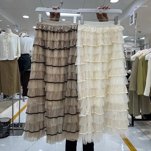 Юбки Французский шикарный торт с многоярусными оборками и высокой талией, однотонная длинная юбка, осенняя всемогущая Faldas Largas, марлевая заниженная юбка
