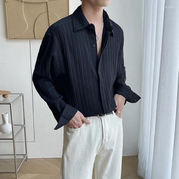 Camisas casuais masculinas adolescente plissado manga longa camisa masculina oversize solto design nicho roupas