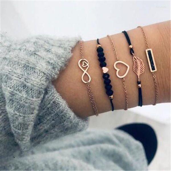 Bracelets de link Multi camadas de mão com miçangas 5pcs/conjunto de pulseiras em forma de coração jóias de estilo boêmio feminino em forma de coração