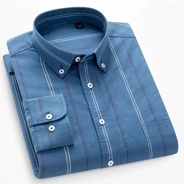 Camisas casuais masculinas puro algodão luxo oxford regular-ajuste botão-para baixo negócios social manga longa contraste listrado camisa inteligente