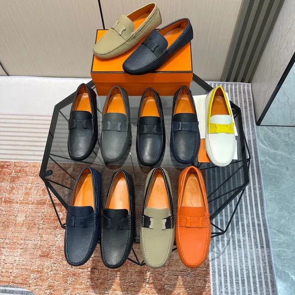 En Kaliteli Marka Desingner Erkekler Loafers Sıradan Ayakkabılar Yüksek Kaliteli Gerçek Deri Elbise Moda Stilleri Daireler Çıngırak Erkek Sürücü Ayakkabı Siyah Turuncu