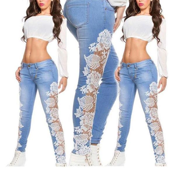 Calças de brim femininas jeans de renda branca retalhos quente sexy denim calças magras calças lápis estiramento lavado jeans