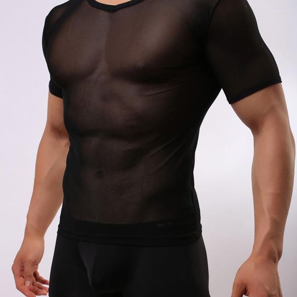 Camisetas masculinas de malha sexy de malha transparente de manga curta transparente homens esportes respiráveis